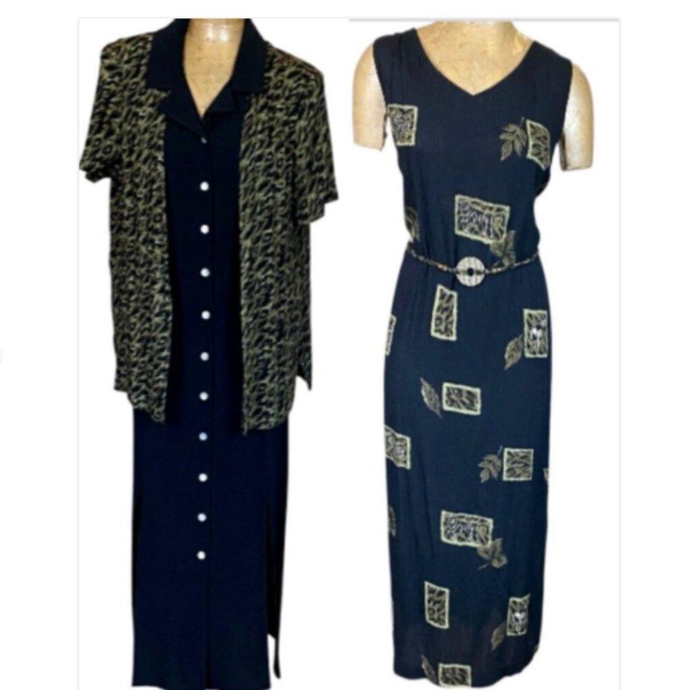 Miss Dorby VTG 80s 3-Piece 2-Dress Set Sz 18 Black‎ & Khaki Green #348B